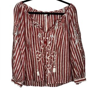 Anthropologie Akemi+Kin Audria Linen Blend Peasant Blouse Floral Embroidery L